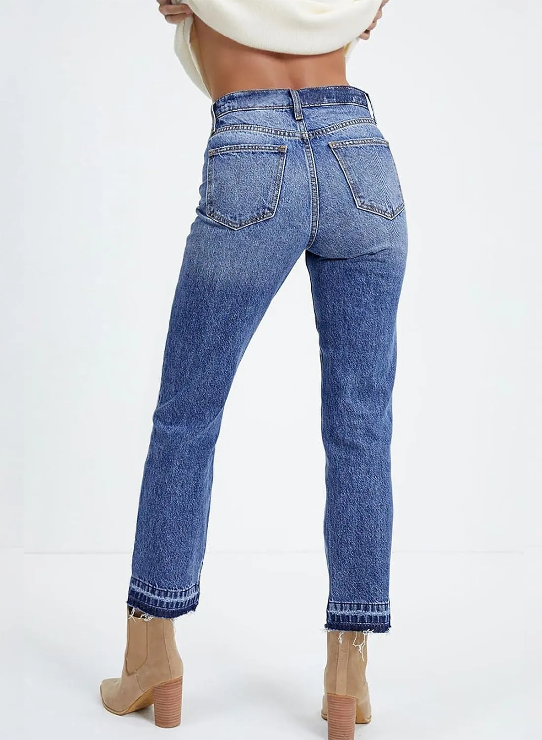 Astylish Womens High Waisted Straight Leg Ankle Jeans Casual Stretch Denim Pants