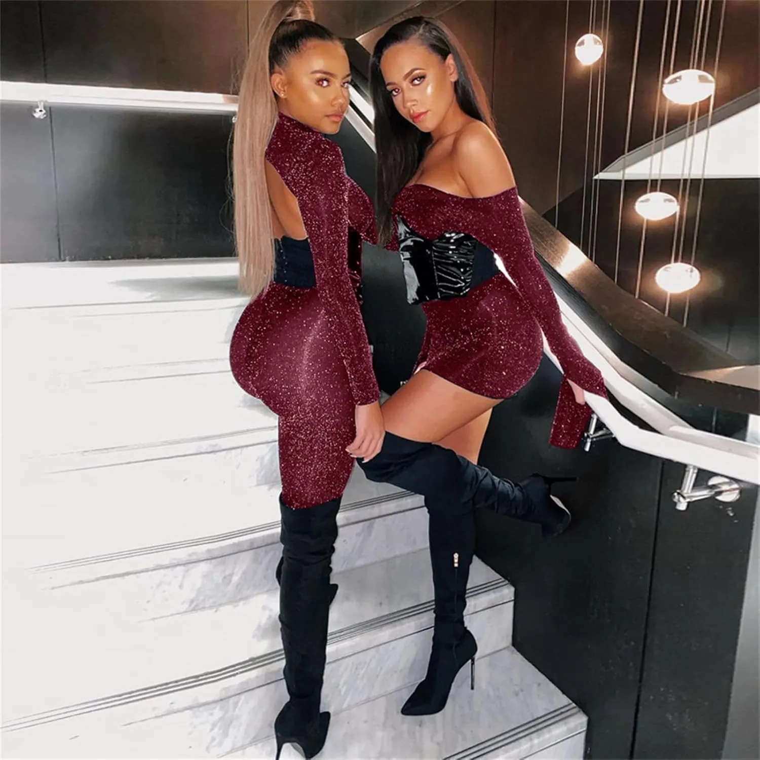 Atyfuniby Women's Sexy Bodycon Jumpsuits See Through Sparkly Long Sleeve Backless One Piece Outfits Clubwear