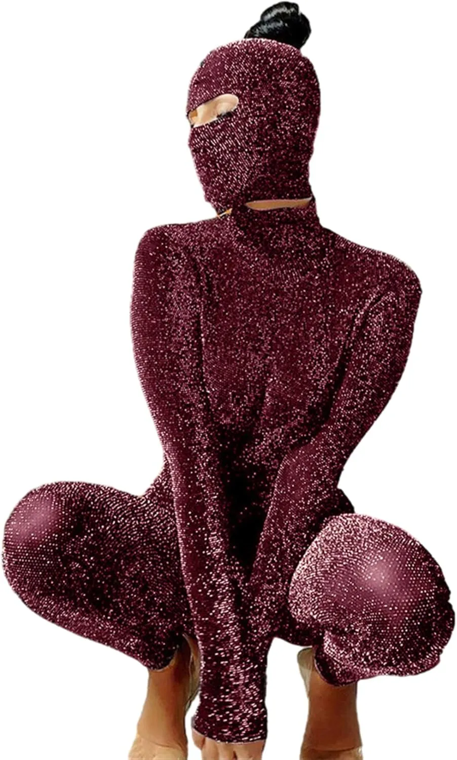 Atyfuniby Women's Sexy Bodycon Jumpsuits See Through Sparkly Long Sleeve Backless One Piece Outfits Clubwear