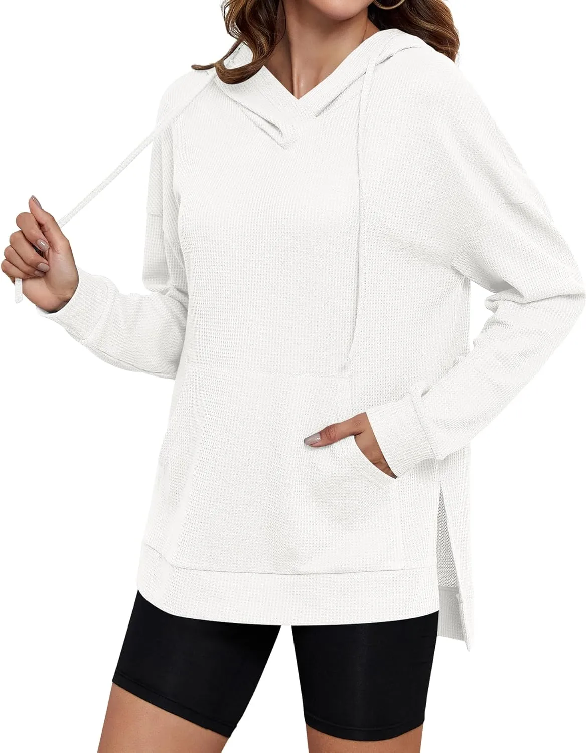 AUSELILY Womens Waffle Hoodies Ladies 2024 Sweatshirt Fall Long Sleeve Loose Side Slits Stacked V Neck Tops With Pockets