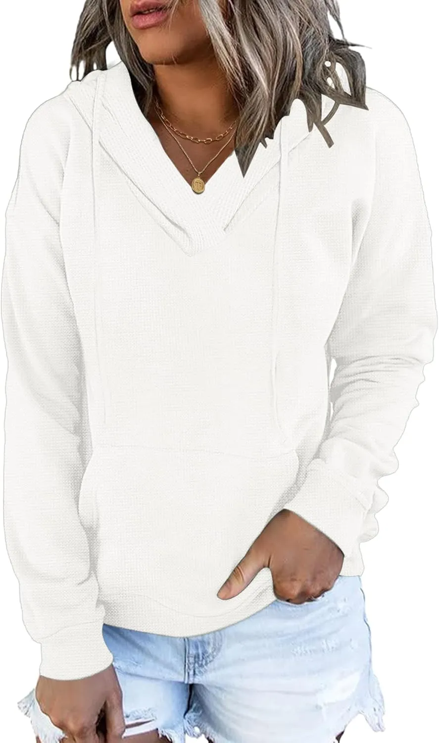 AUSELILY Womens Waffle Hoodies Ladies 2024 Sweatshirt Fall Long Sleeve Loose Side Slits Stacked V Neck Tops With Pockets