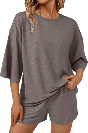 AUTOMET Womens Lounge Sets Two Piece Set Summer Outfits 2 Piece Pajama 3/4 Sleeve Oversized Tshirts Elastic Waist Short