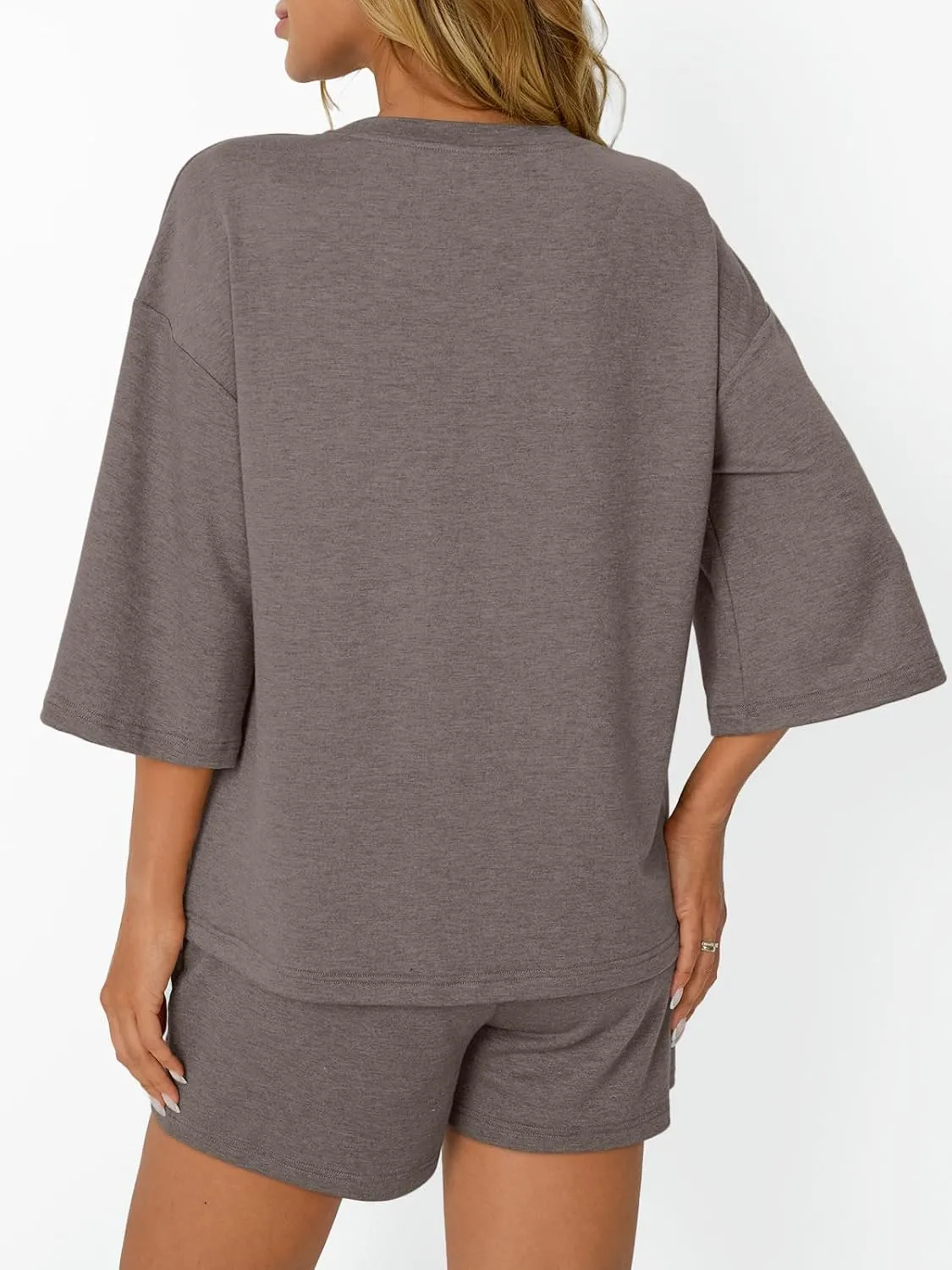 AUTOMET Womens Lounge Sets Two Piece Set Summer Outfits 2 Piece Pajama 3/4 Sleeve Oversized Tshirts Elastic Waist Short