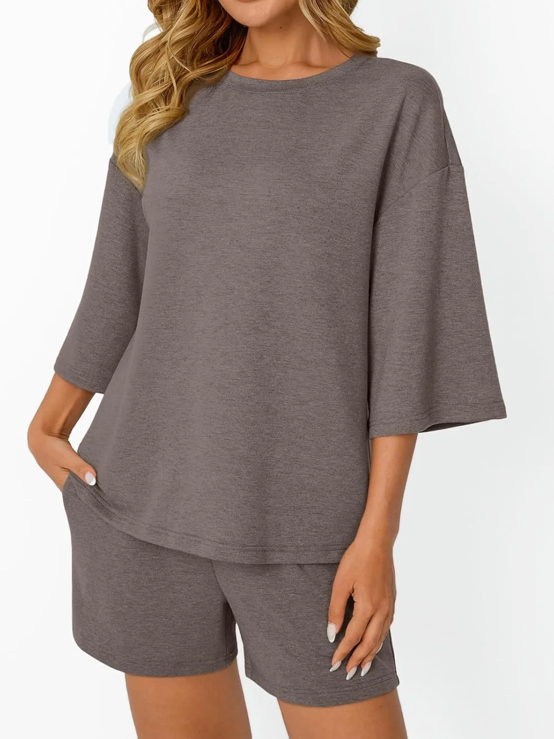 AUTOMET Womens Lounge Sets Two Piece Set Summer Outfits 2 Piece Pajama 3/4 Sleeve Oversized Tshirts Elastic Waist Short