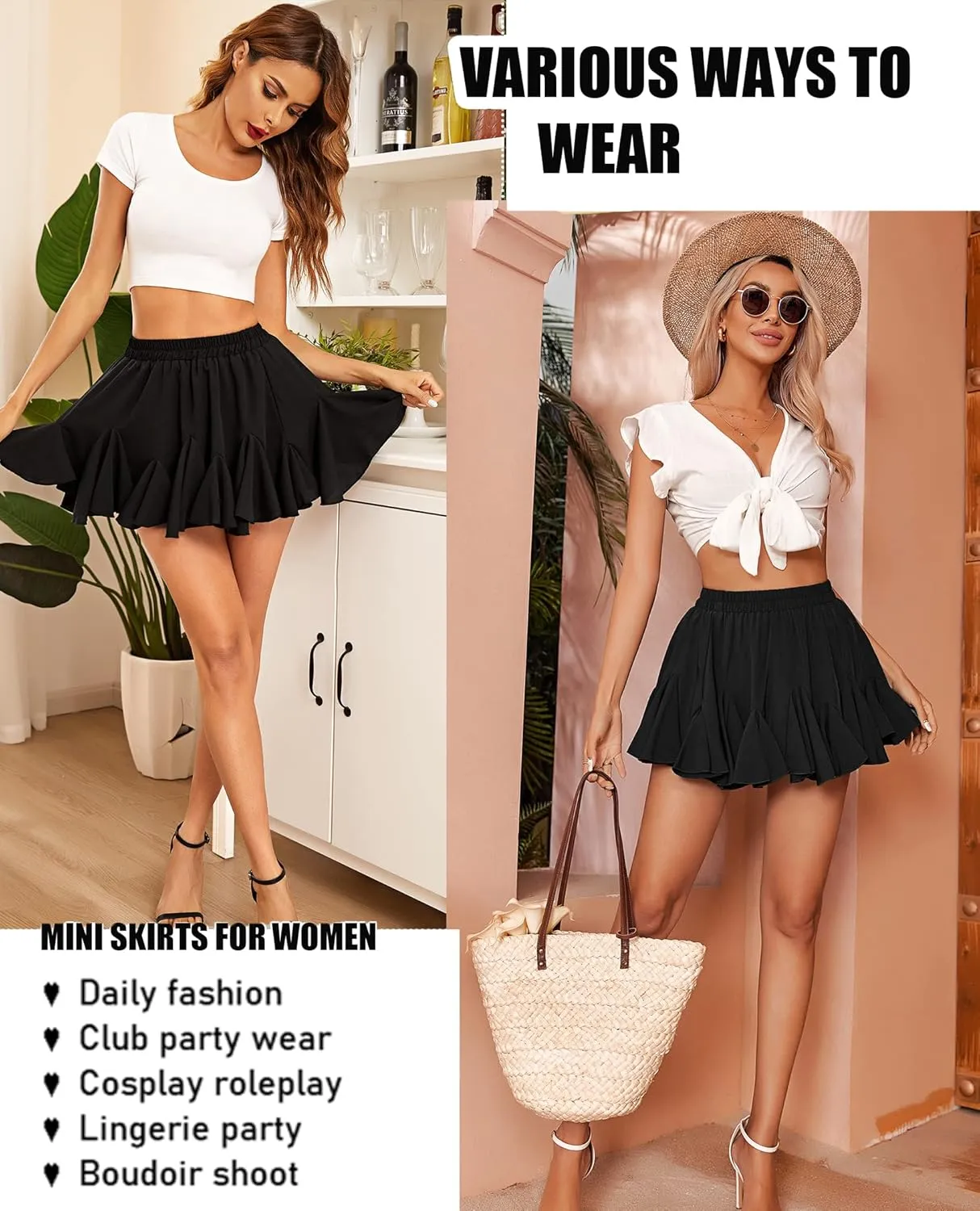 Avidlove Women's Pleated Skater Skirt Basic Casual High Waisted Ruffles Flared Mini Lingerie Skirts