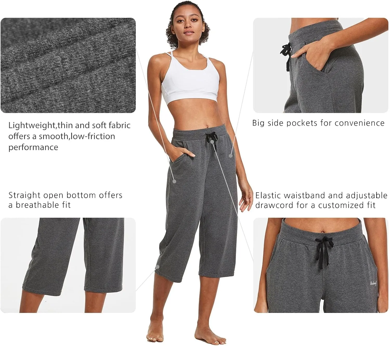 baleaf Women's Capris Yoga Cotton Wide Leg Casual Summer Capri Sweatpants Loose Lounge Workout Crop Pants Pockets