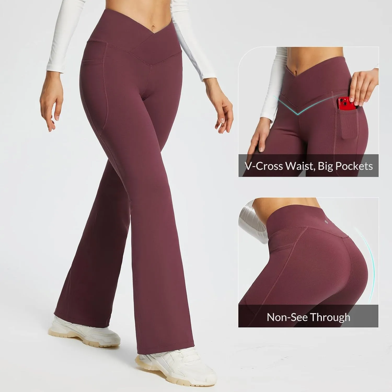 baleaf Women's Yoga Pants V Crossover Flare Leggings with Pockets High Waist Casual Workout Gym Bell Bottom Leggings