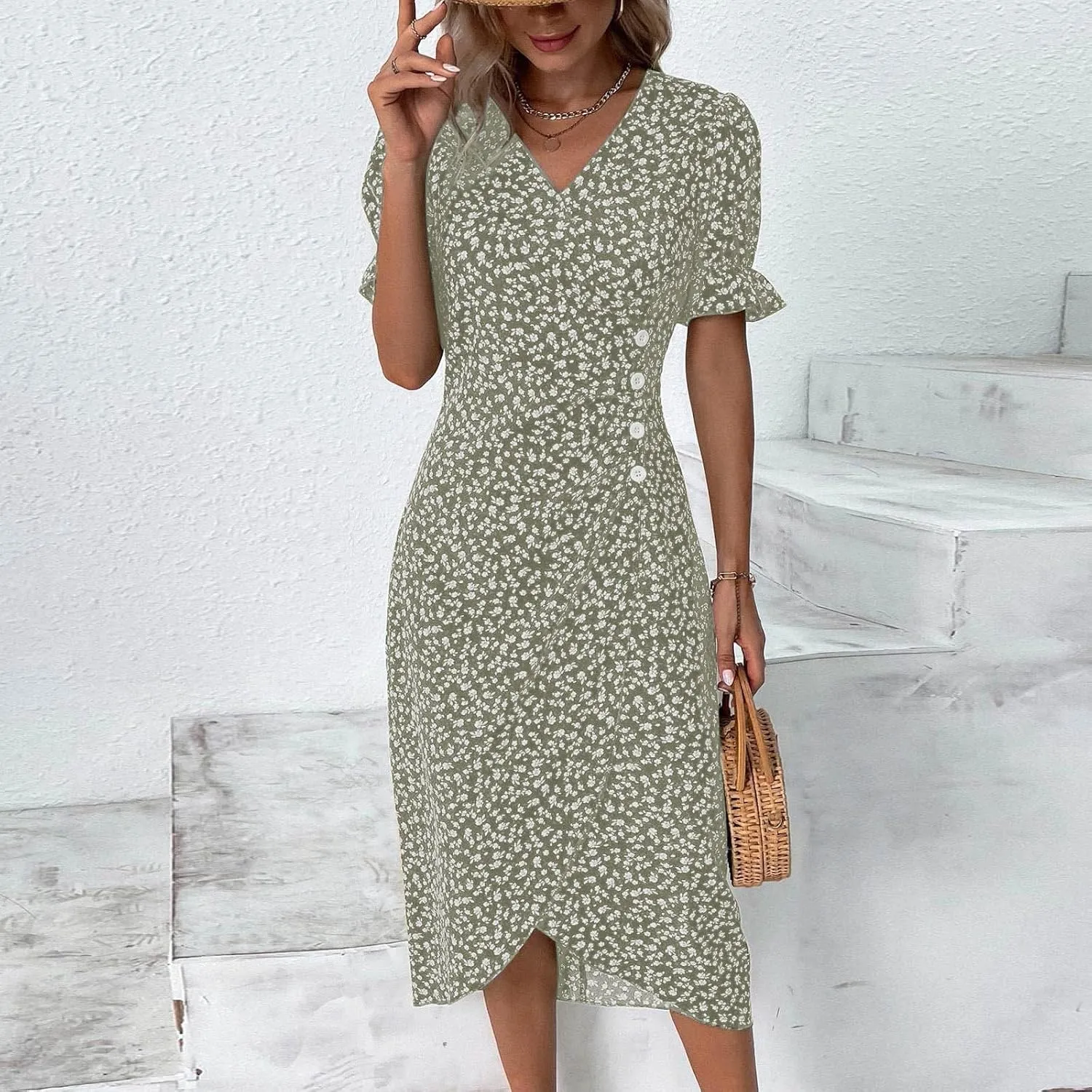 Beach Dresses for Women,2025 Summer Trendy Elegant V Neck Floral Boho Dress,Flowy Ruched Hawaiian Maxi Dress