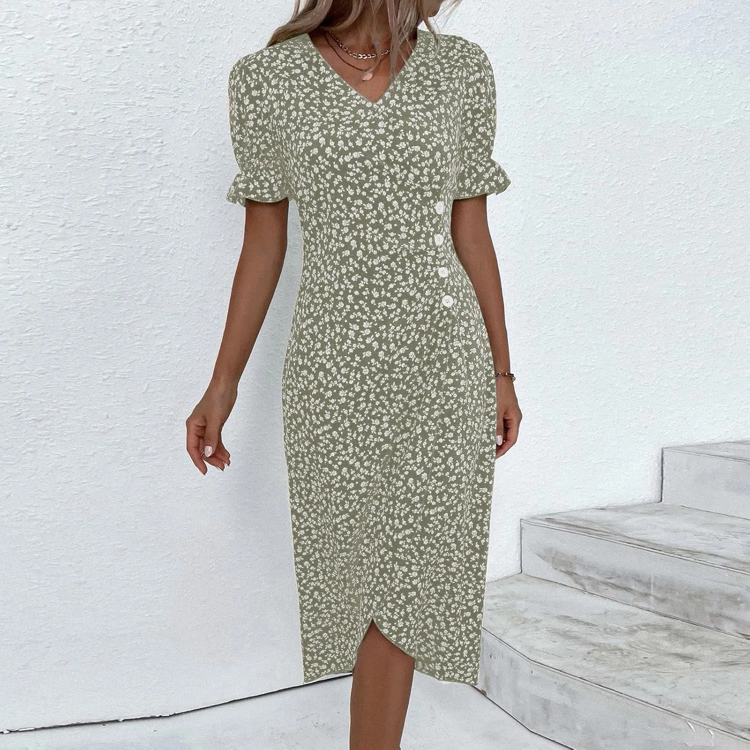 Beach Dresses for Women,2025 Summer Trendy Elegant V Neck Floral Boho Dress,Flowy Ruched Hawaiian Maxi Dress