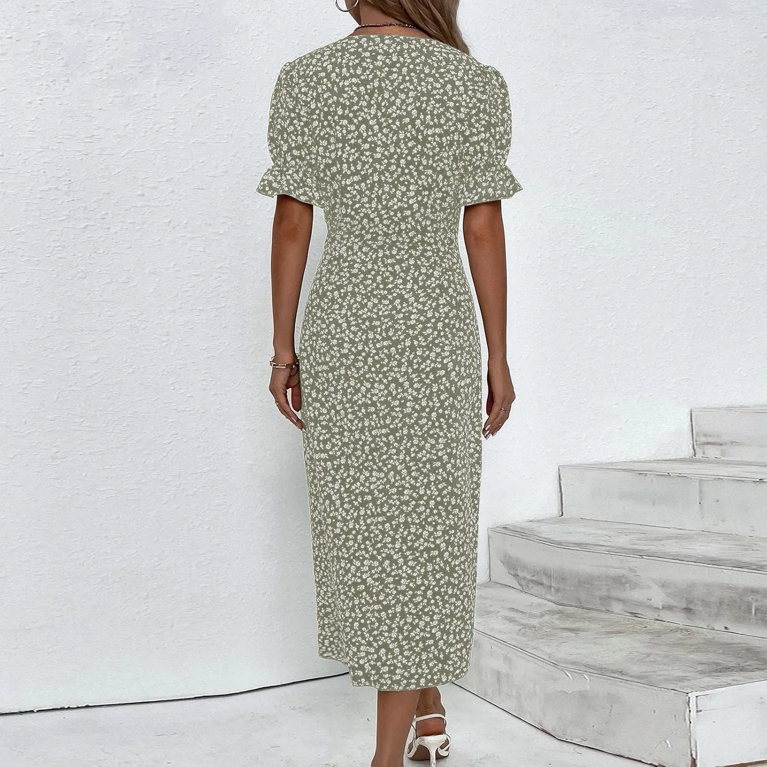Beach Dresses for Women,2025 Summer Trendy Elegant V Neck Floral Boho Dress,Flowy Ruched Hawaiian Maxi Dress