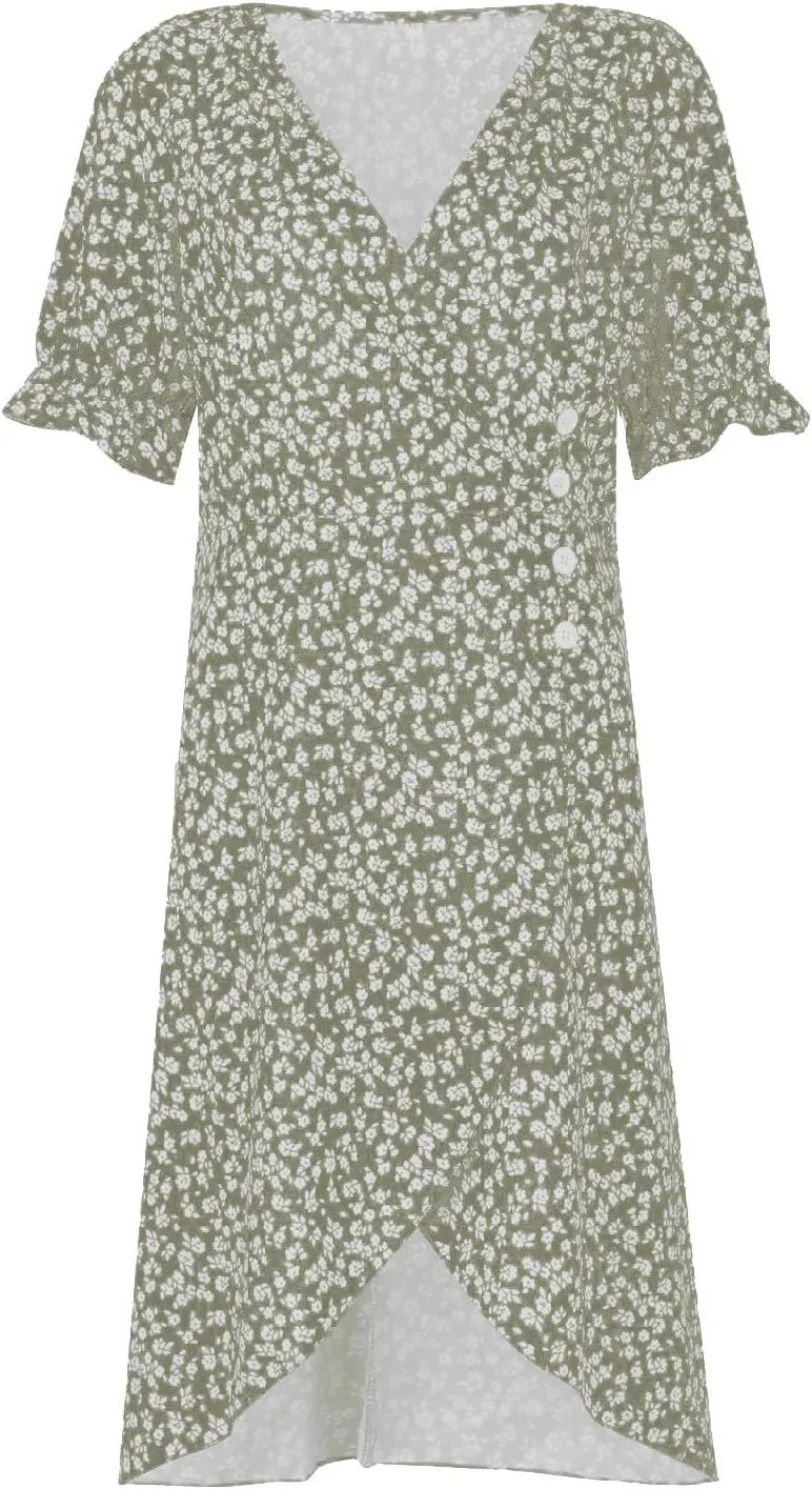 Beach Dresses for Women,2025 Summer Trendy Elegant V Neck Floral Boho Dress,Flowy Ruched Hawaiian Maxi Dress