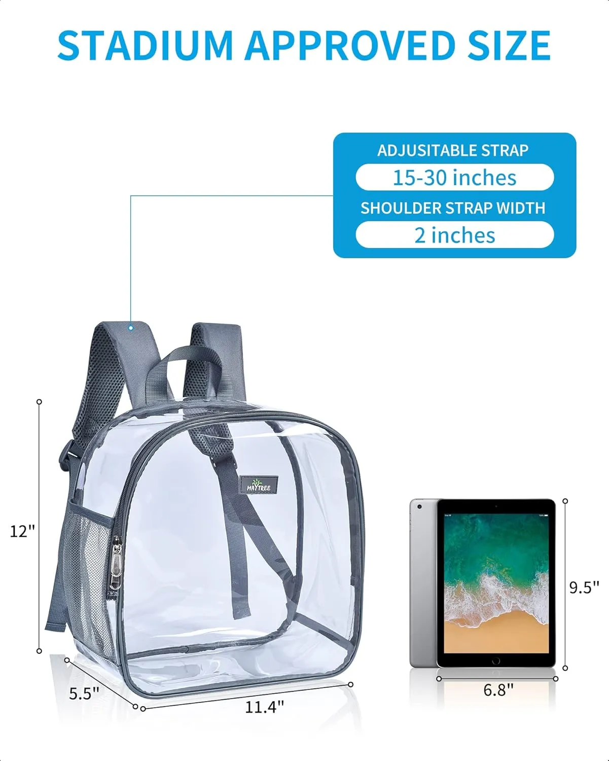 Bgenius Clear Backpack Stadium Approved, Small Clear Backpack with Padded Shoulder Straps for School Security Travel Concert Sport Events - Grey