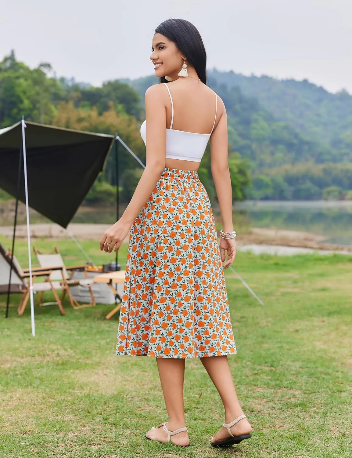 Bluetime Women Floral Print Midi Skirt Summer Beach Pleated Elastic High Waisted A Line Skirt