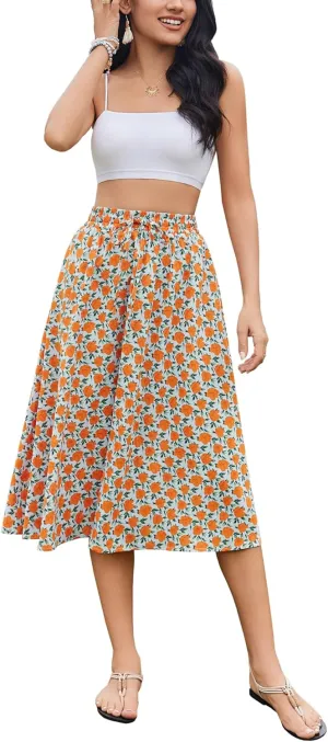 Bluetime Women Floral Print Midi Skirt Summer Beach Pleated Elastic High Waisted A Line Skirt
