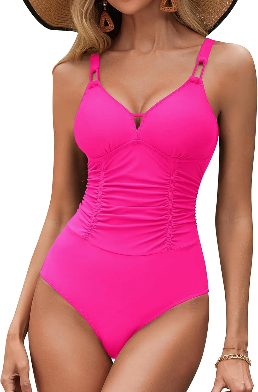BMJL Women's Tummy Control Swimsuit Modest V Neck One Piece Bathing Suit Ruched Adjustable Straps Slimming Swimwear