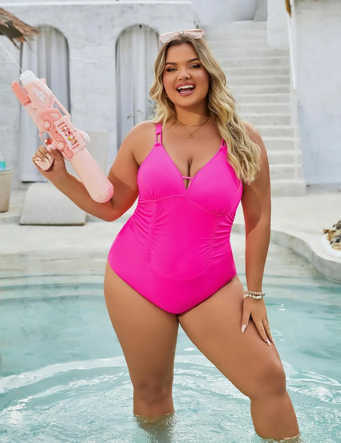 BMJL Women's Tummy Control Swimsuit Modest V Neck One Piece Bathing Suit Ruched Adjustable Straps Slimming Swimwear