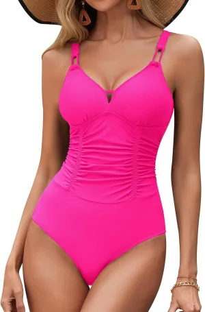 BMJL Women's Tummy Control Swimsuit Modest V Neck One Piece Bathing Suit Ruched Adjustable Straps Slimming Swimwear