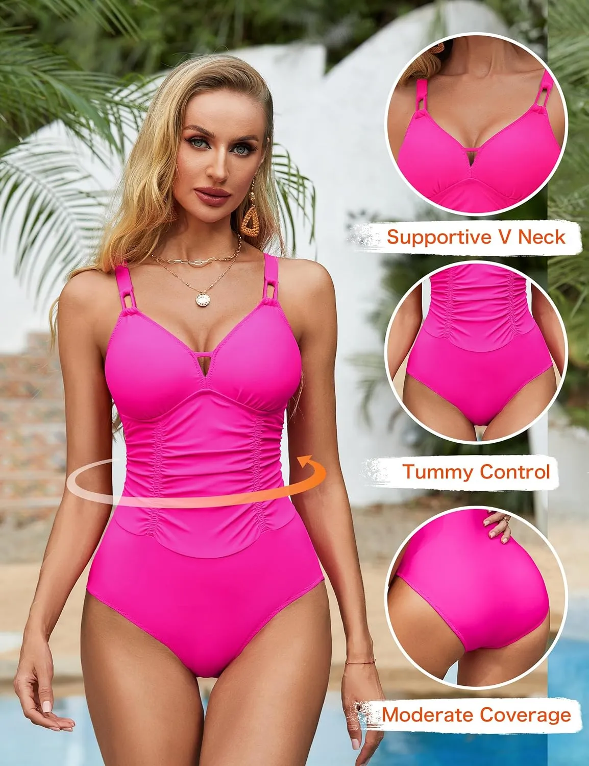 BMJL Women's Tummy Control Swimsuit Modest V Neck One Piece Bathing Suit Ruched Adjustable Straps Slimming Swimwear