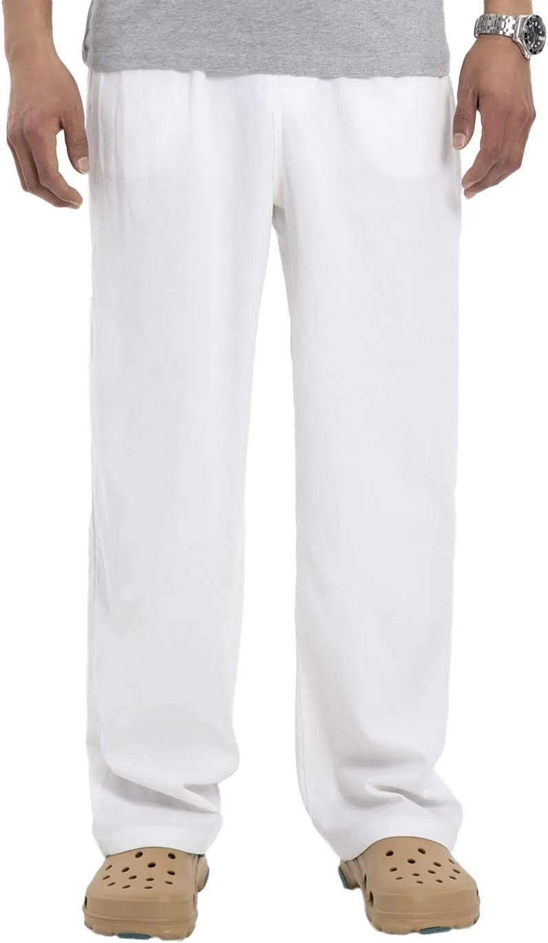 Bonnorth Men's Linen Loose Drawstring Elastic Waist Wide Leg Solid Casual Pants