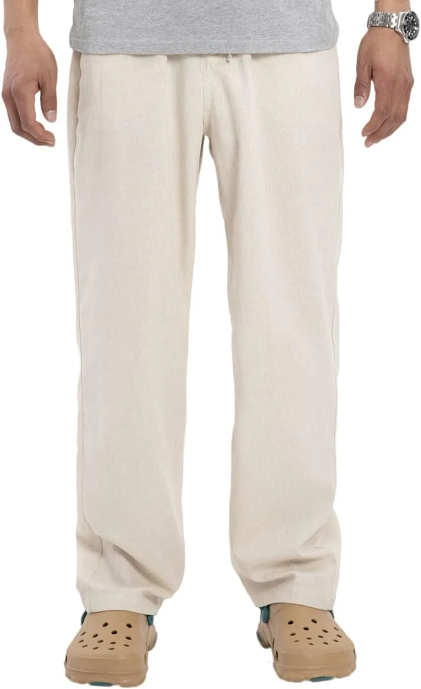 Bonnorth Men's Linen Loose Drawstring Elastic Waist Wide Leg Solid Casual Pants