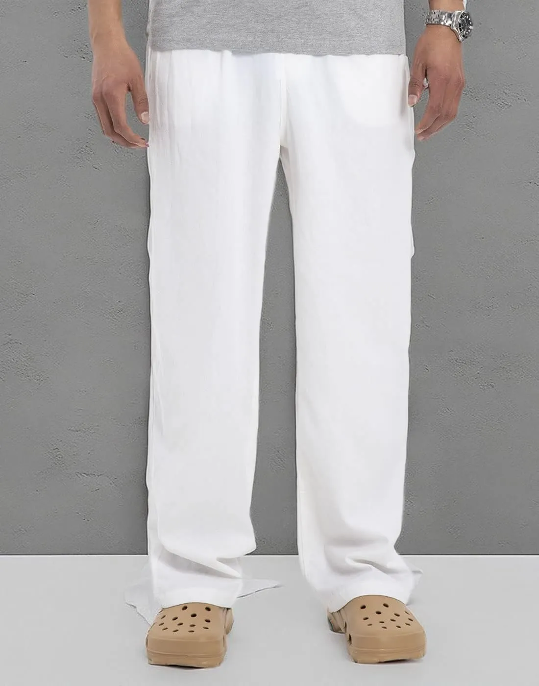 Bonnorth Men's Linen Loose Drawstring Elastic Waist Wide Leg Solid Casual Pants