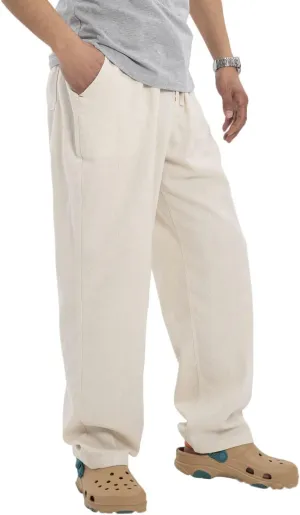 Bonnorth Men's Linen Loose Drawstring Elastic Waist Wide Leg Solid Casual Pants