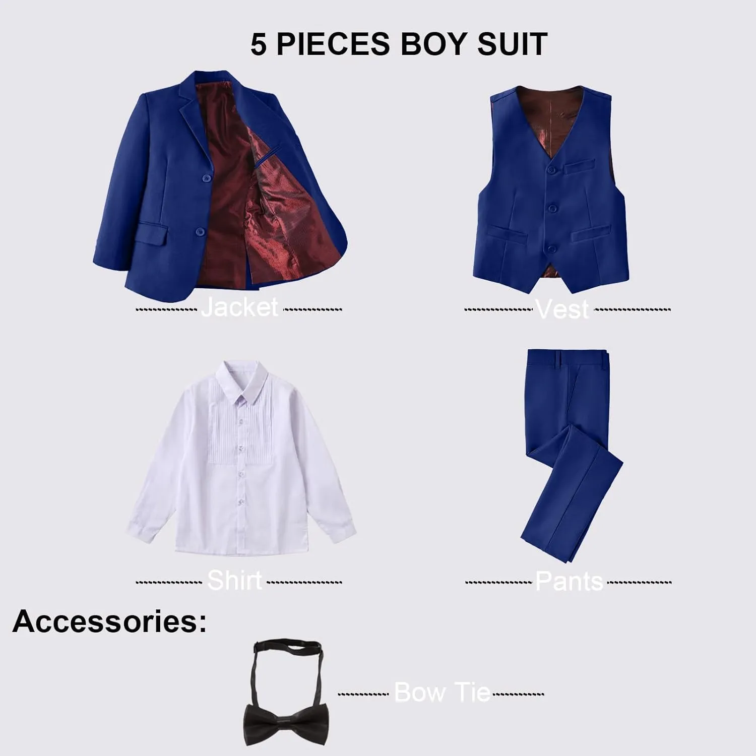 Boy Suits 5 Pieces Formal Suit Set with Adjustable Waist Kids Dress Suit for Wedding Prom