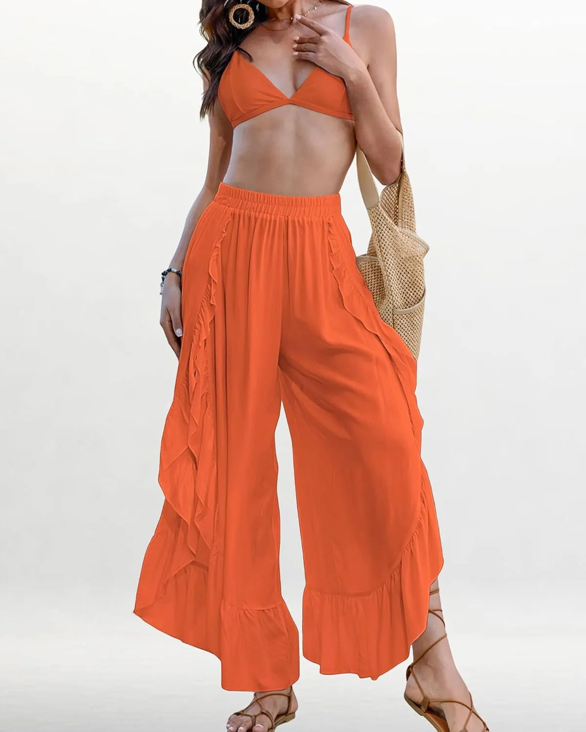 Bsubseach Swim Cover Up Pants for Women Ruffle High Slit Beach Pants Wide Leg Bathing Suit Coverup