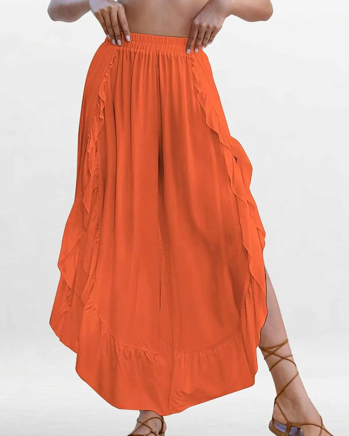 Bsubseach Swim Cover Up Pants for Women Ruffle High Slit Beach Pants Wide Leg Bathing Suit Coverup