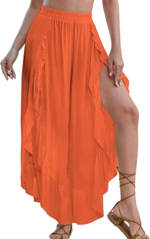 Bsubseach Swim Cover Up Pants for Women Ruffle High Slit Beach Pants Wide Leg Bathing Suit Coverup