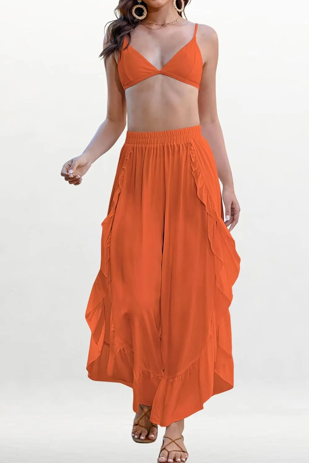 Bsubseach Swim Cover Up Pants for Women Ruffle High Slit Beach Pants Wide Leg Bathing Suit Coverup