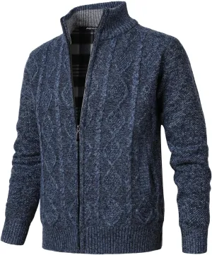 Cardigan Men's Long Sleeve Stand-up Collar Cardigan Fleece Jacket with Cable Knit Zipper Jacket Knitted Sweater