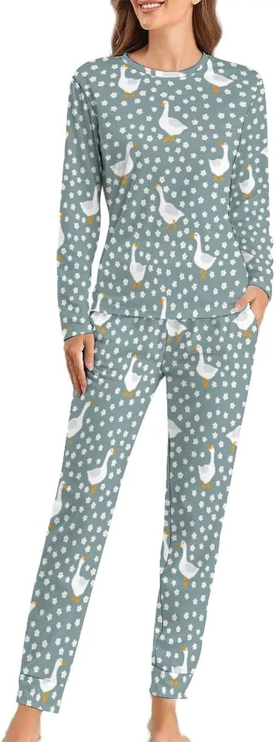 Cartoon Goose Bird Women's Two Piece Pajamas Set Long Sleeve Sweatshirt with Long Pants Plus Size Loungewear
