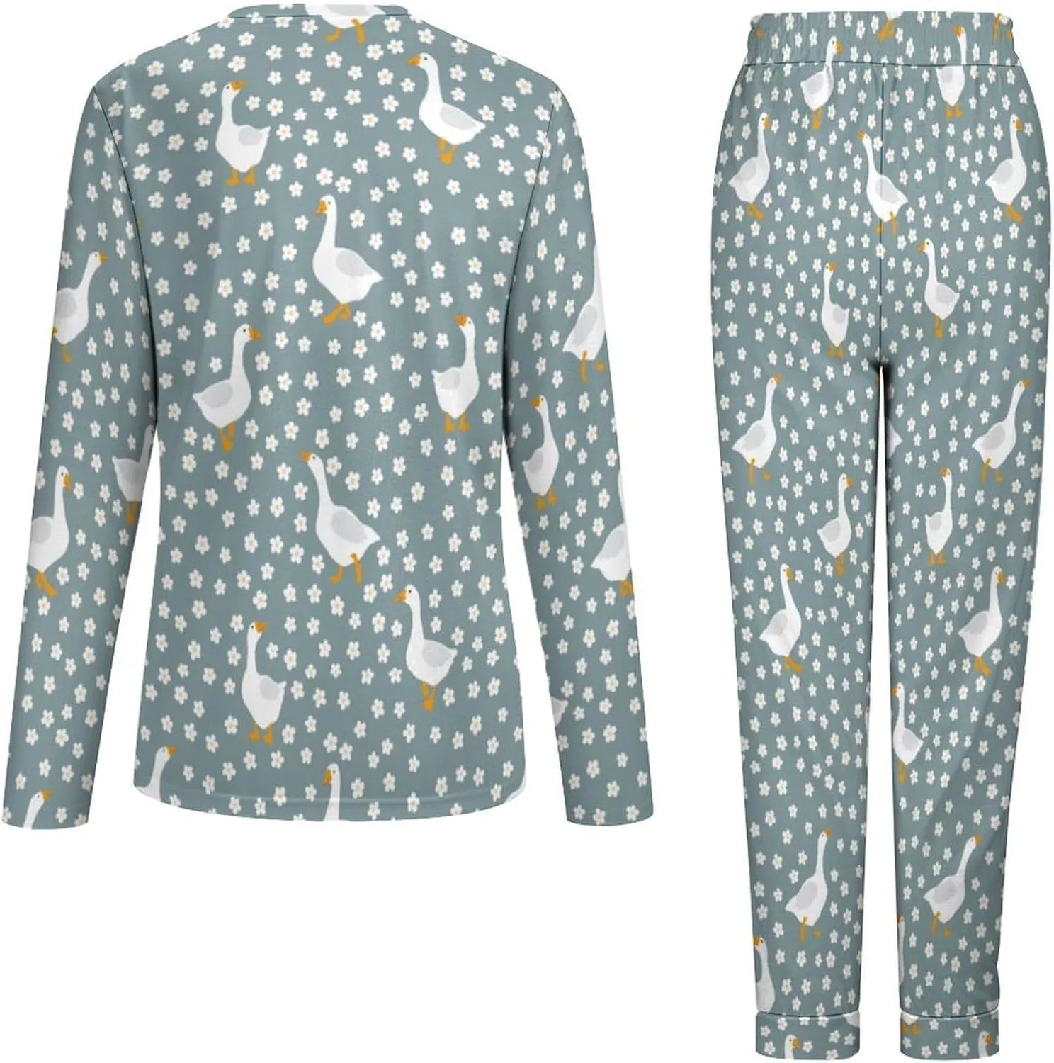 Cartoon Goose Bird Women's Two Piece Pajamas Set Long Sleeve Sweatshirt with Long Pants Plus Size Loungewear