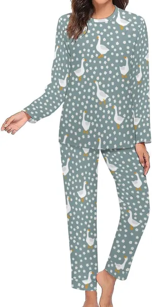 Cartoon Goose Bird Women's Two Piece Pajamas Set Long Sleeve Sweatshirt with Long Pants Plus Size Loungewear