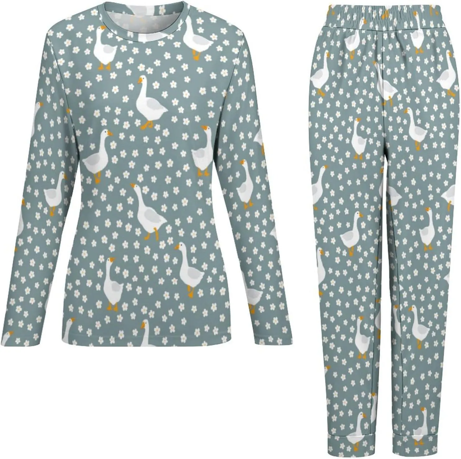 Cartoon Goose Bird Women's Two Piece Pajamas Set Long Sleeve Sweatshirt with Long Pants Plus Size Loungewear