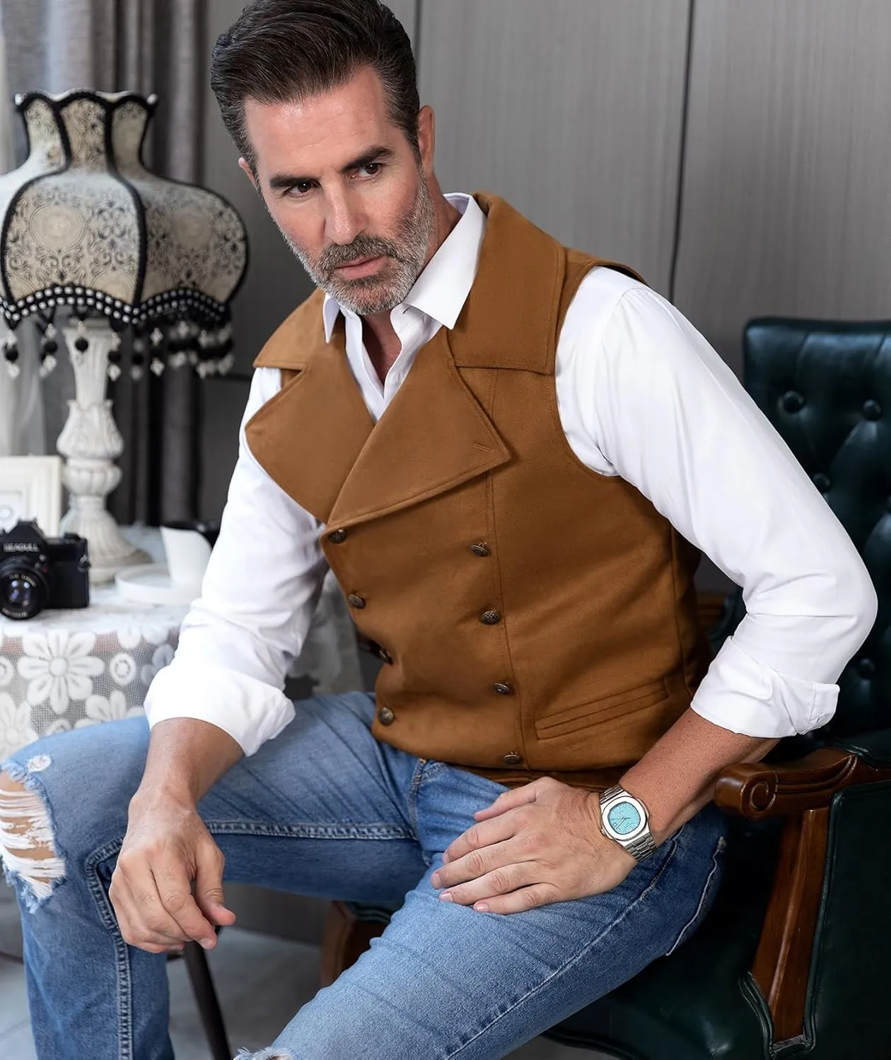 Ceehuteey Mens Suit Suede Double Breasted Vest Classic Groomsmen Wedding Waistcoat Leather Big Lapel