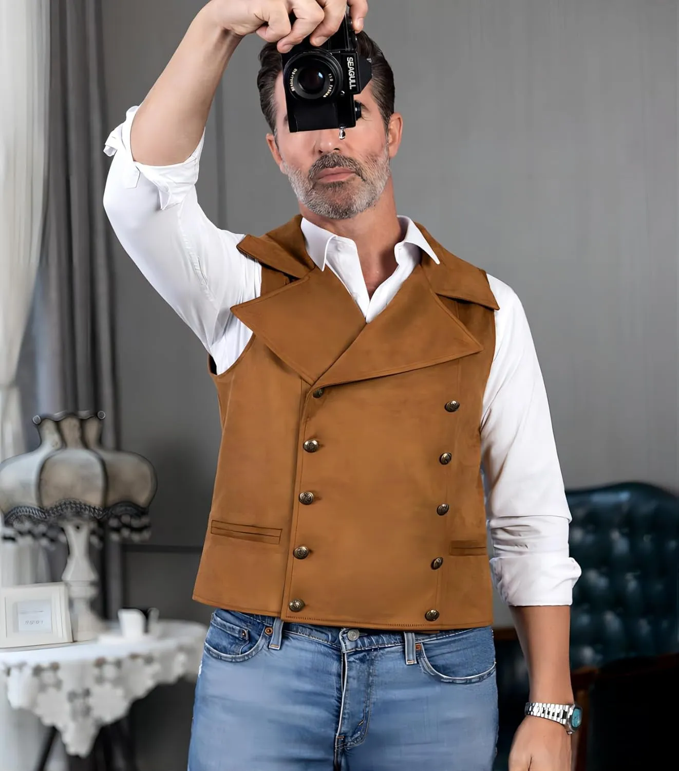 Ceehuteey Mens Suit Suede Double Breasted Vest Classic Groomsmen Wedding Waistcoat Leather Big Lapel