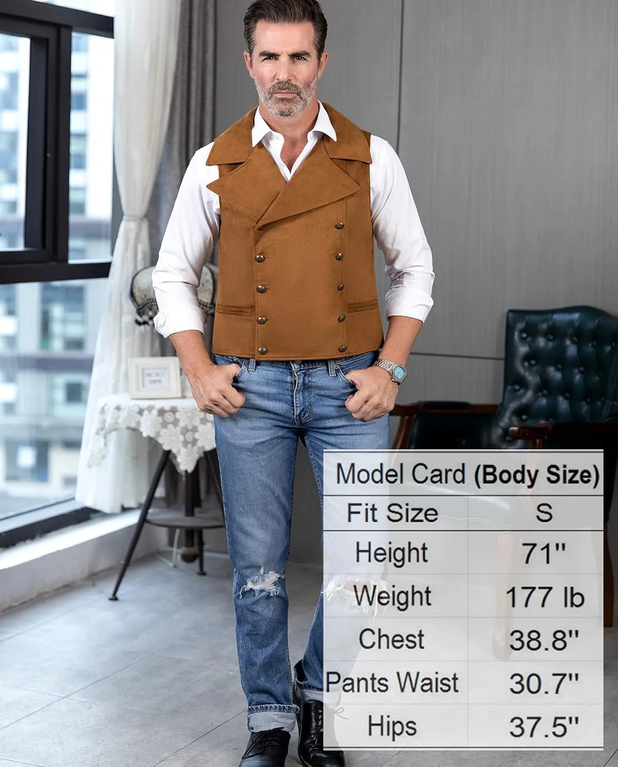 Ceehuteey Mens Suit Suede Double Breasted Vest Classic Groomsmen Wedding Waistcoat Leather Big Lapel