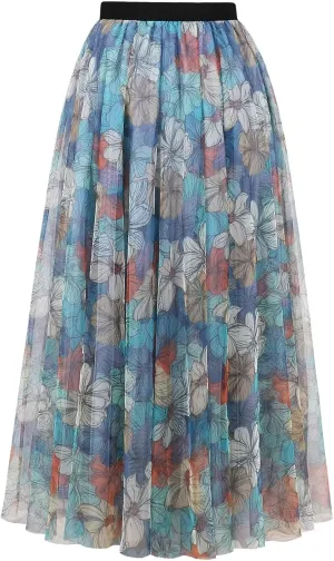 ChicVibes Women's Long Tulle Casual Boho Floral Printed Elastic High Waist Maxi Skirts