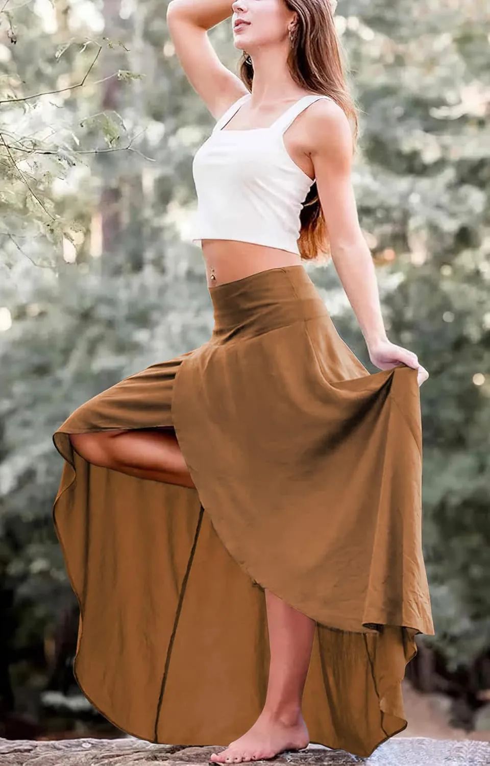 chouyatou Womens Asymmetrical High Low Ruffle Hem Split Maxi Skirts High Wait Flounce Skirt