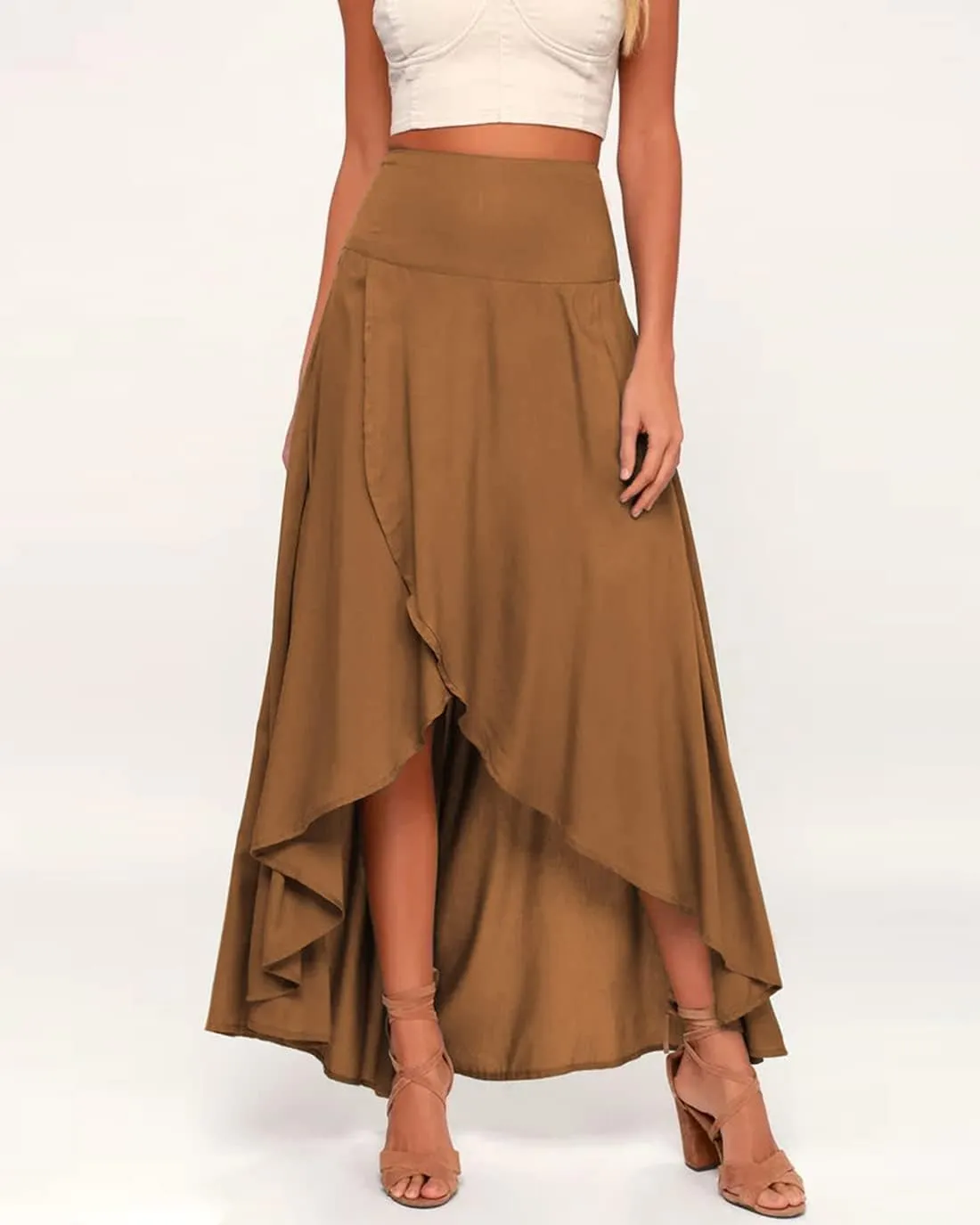 chouyatou Womens Asymmetrical High Low Ruffle Hem Split Maxi Skirts High Wait Flounce Skirt