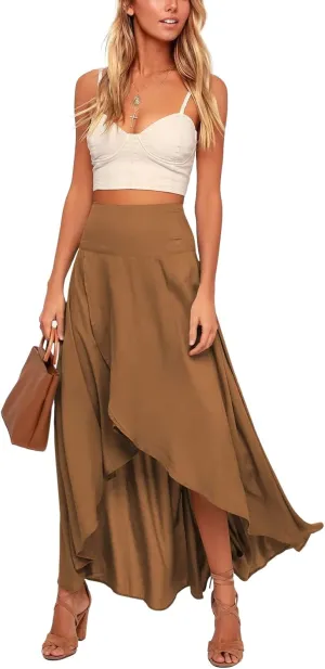 chouyatou Womens Asymmetrical High Low Ruffle Hem Split Maxi Skirts High Wait Flounce Skirt