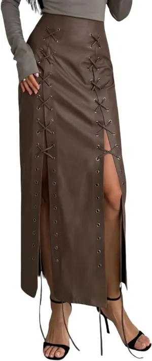 chouyatou Women's Sexy Lace Up Front A-Line Skirt High Waist Pu Faux Leather Maxi Bodycon Dress