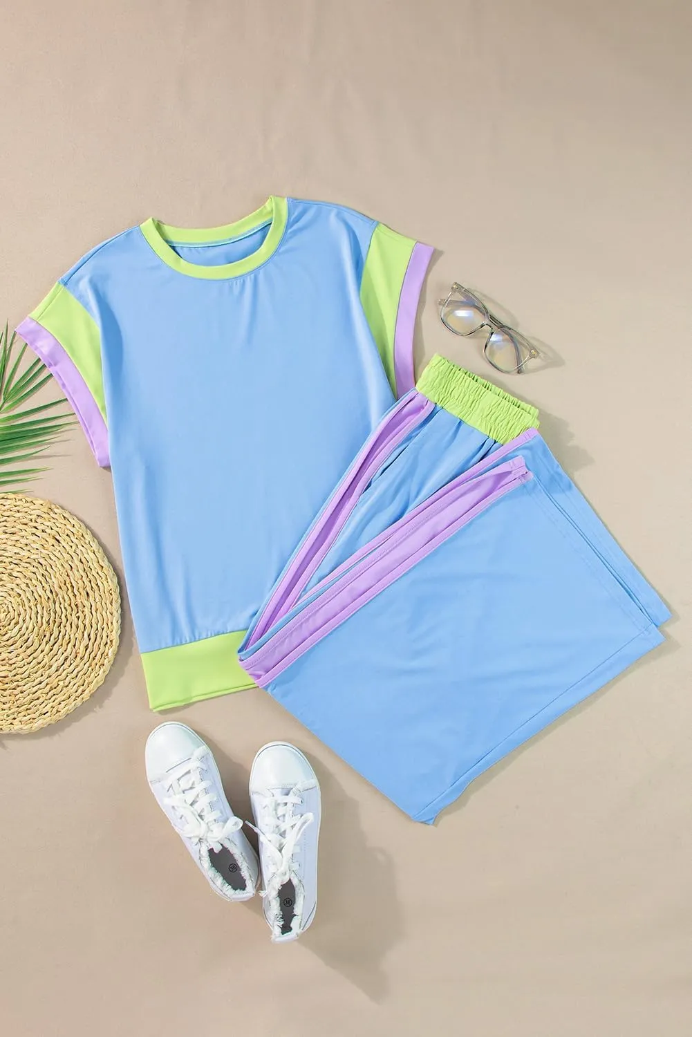 Chvity Color Block 2 Piece Set For Womens Contrast Trim Cap Sleeve Tee Long Pant Set Summer Loungewear