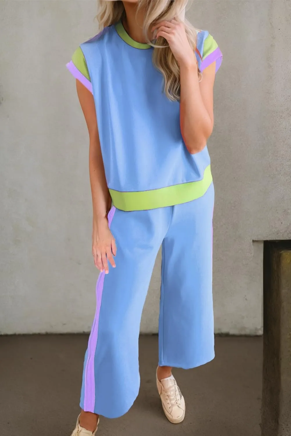 Chvity Color Block 2 Piece Set For Womens Contrast Trim Cap Sleeve Tee Long Pant Set Summer Loungewear