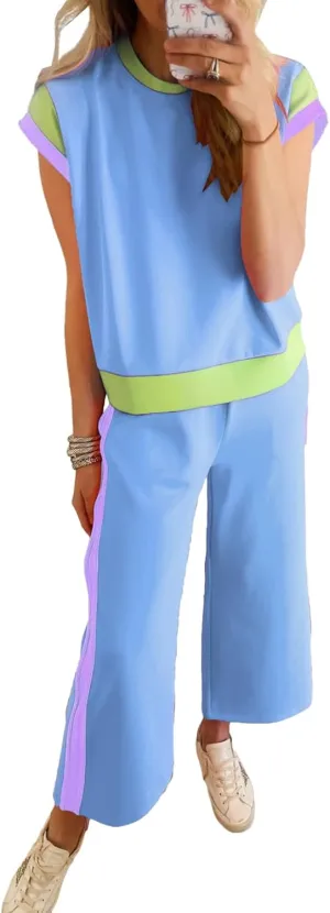 Chvity Color Block 2 Piece Set For Womens Contrast Trim Cap Sleeve Tee Long Pant Set Summer Loungewear