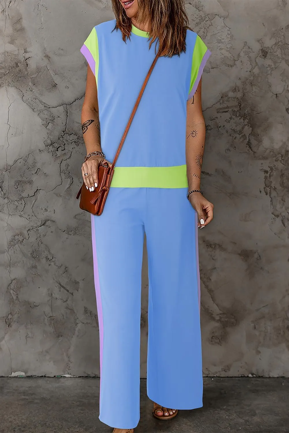 Chvity Color Block 2 Piece Set For Womens Contrast Trim Cap Sleeve Tee Long Pant Set Summer Loungewear