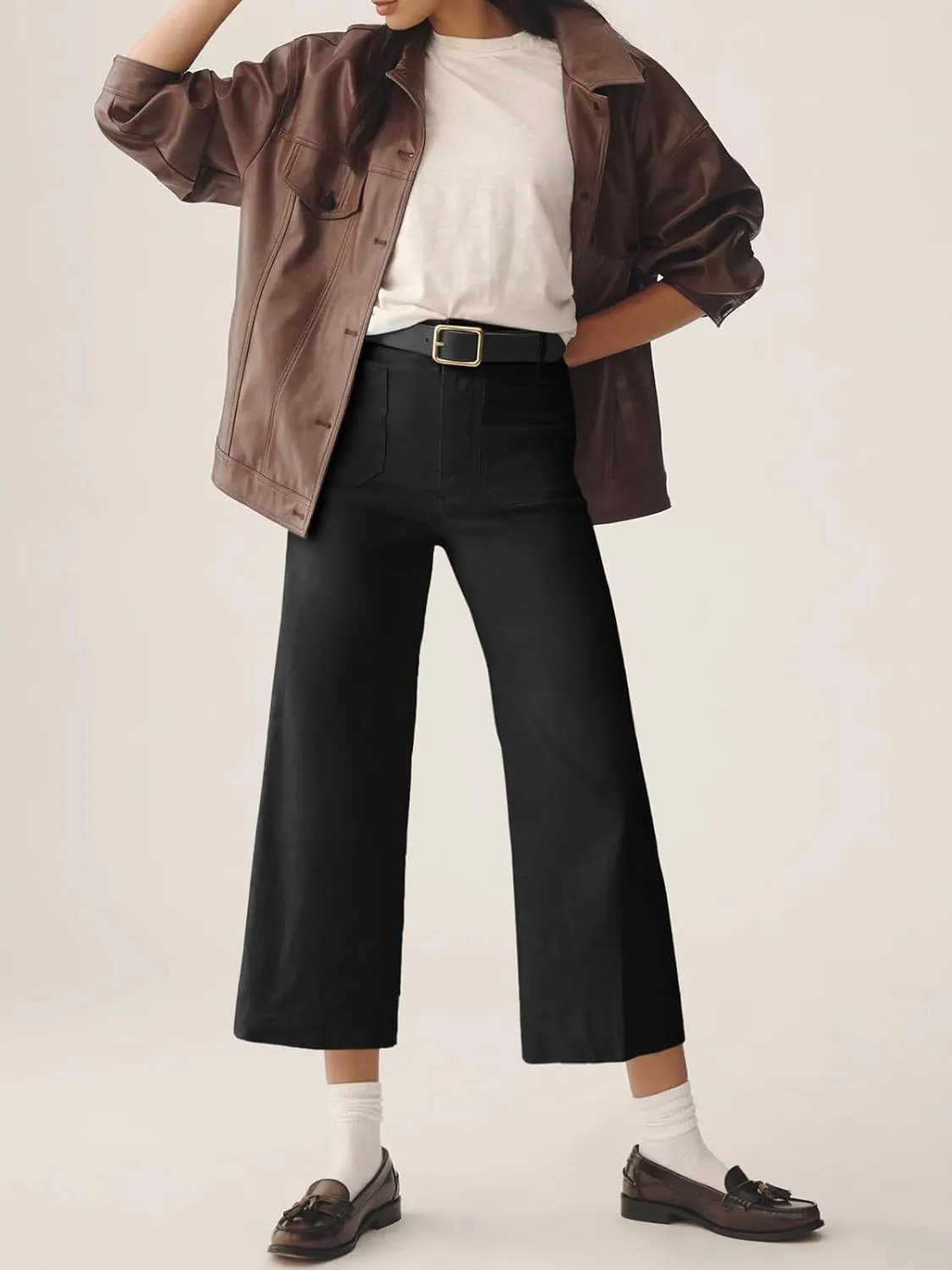 Cicy Bell Womens Cropped Wide Leg Pants High Waisted Stretchy Flare Pants Casual Baggy Trousers