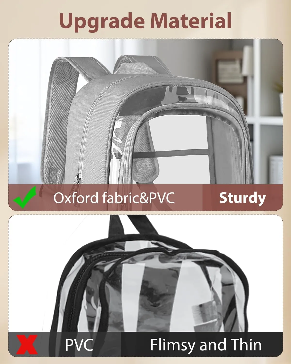 Clear Backpack, Fabric & PVC Transparent Backpack with Reinforced Strap for Women Men, Heavy Duty Transparent Bookbag for School, Large Capacity Clear bag for School, Travel, Security, Grey